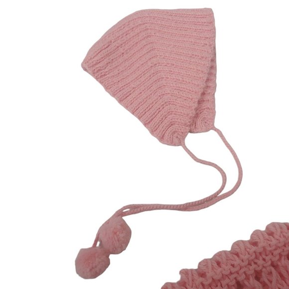Vintage Handmade Crochet Little Girls Winter Hat And Scarf Set Pom Pom Pink - Picture 7 of 16